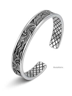 Vintage Engraved Wave Cuff Bracelet Silver Plated Boho Jewelry